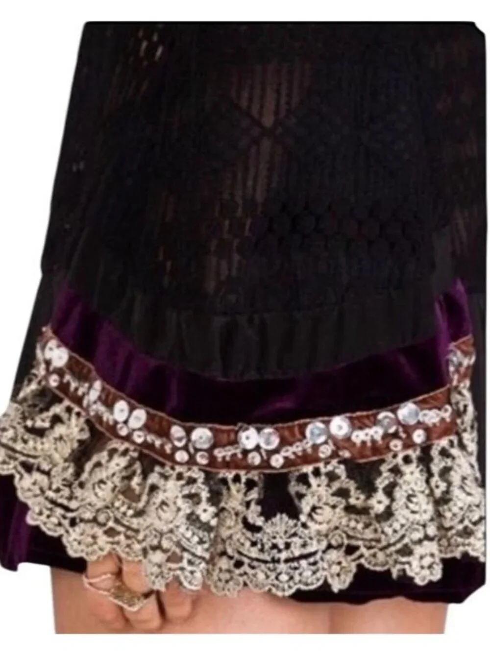 RARE Free People Black Lace Velvet Bell Sleeve Mini Dress Tunic| Whimsigoth Boho - Picture 5 of 16